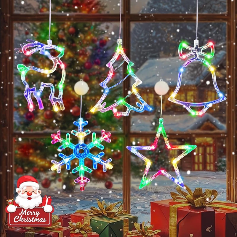 BHCLIGHT 5 Pack Christmas Window Lights, Multicolor X-Mas Tree, Reindeer, Bell, Snow, Star Lights, Battery Operated Christmas Window Decorations with Suction Cup and Timer Function for Window Glass Decor - Image 1